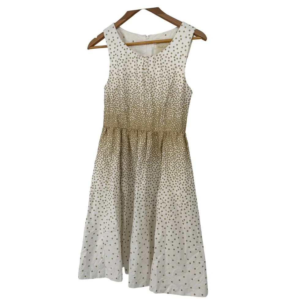 modcloth gold dress ModCloth Womens Gold Polka Dot Cotton‎ Fit Flare Dress White Sleeveless  Small